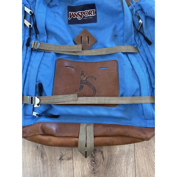 JANSPORT Vintage 80s Leather Bottom Hiking Backpack Daypack Outdoors USA Blue - Picture 2 of 12